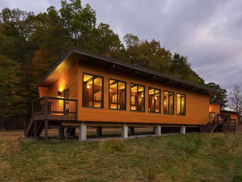 Exterior of the glamping pod cabin at River Mountain