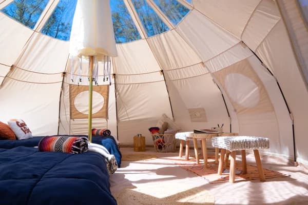 Interior seating area of a glamping yurt